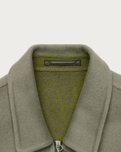 Double Face Zipped Overshirt with Leather Detail, Kaki & Internal Giant Scritto, hi-res