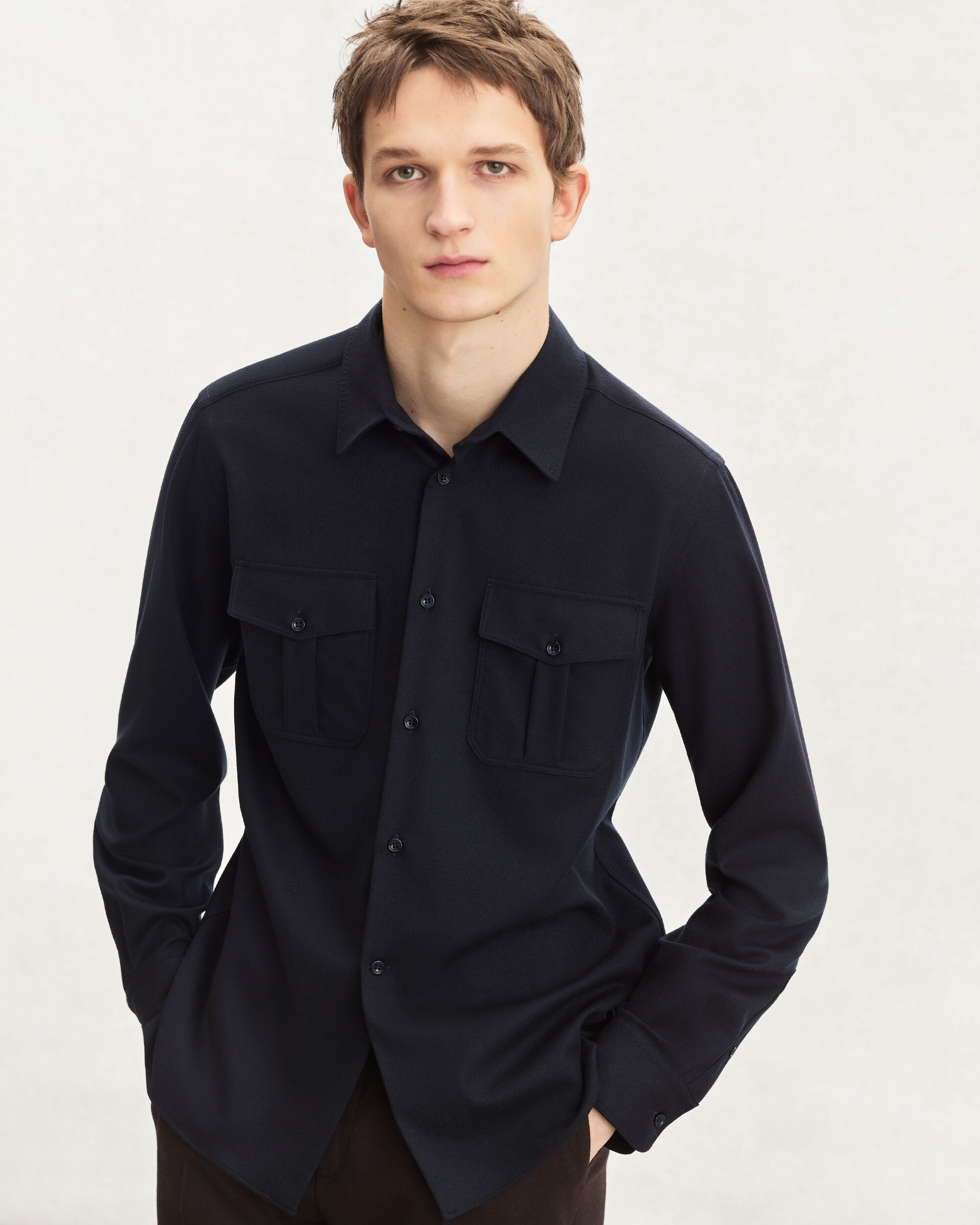 Military Shirt with Leather Detail, Midnight Blue, hi-res