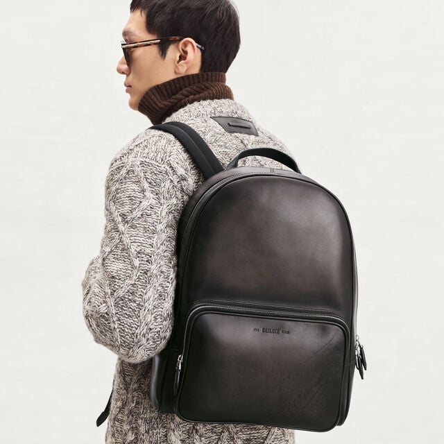 Time Off Scritto Swipe图纹皮革双肩背包, NERO GRIGIO, hi-res 2