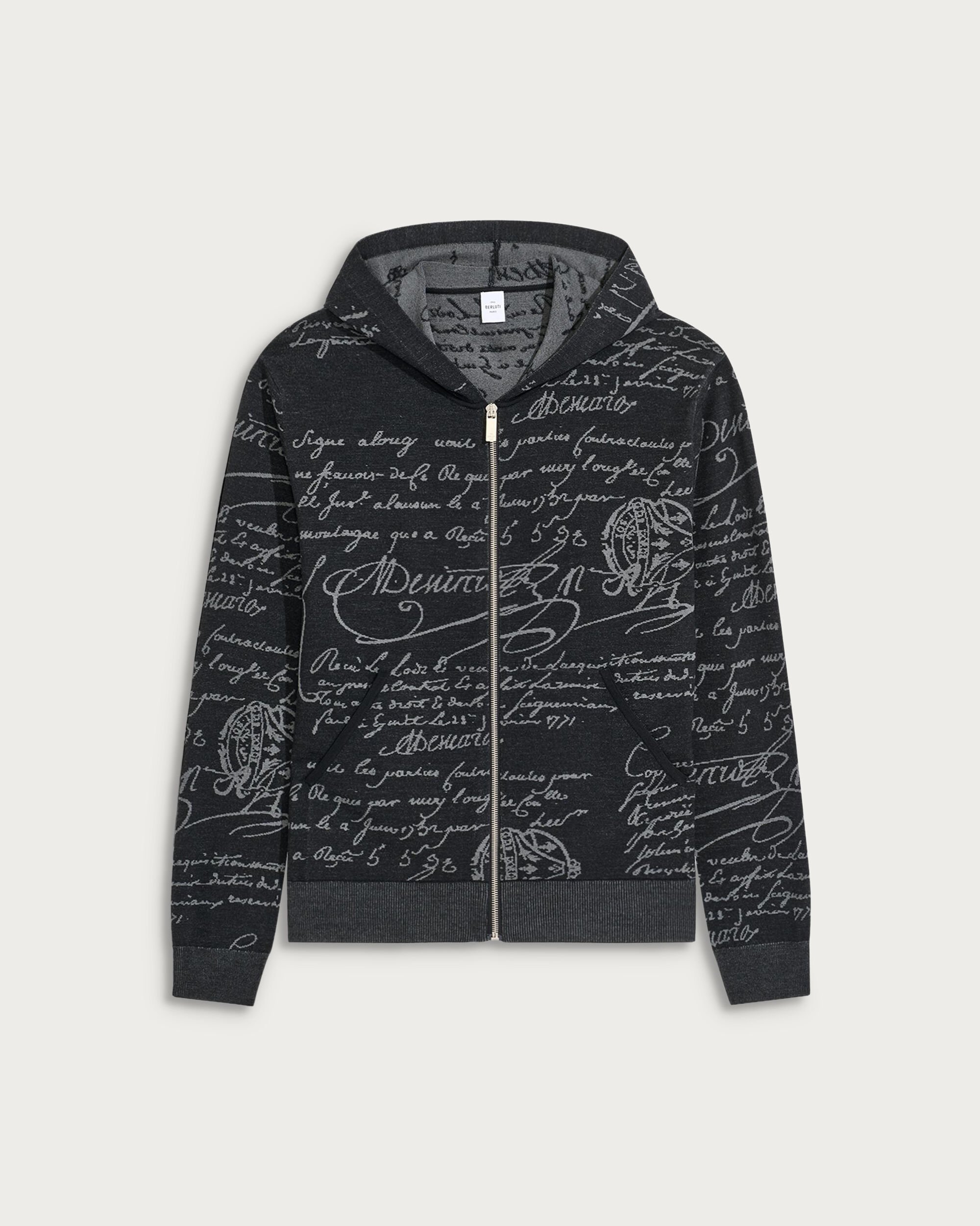 Scritto Pattern Zipped Hoodie, Noir, hi-res