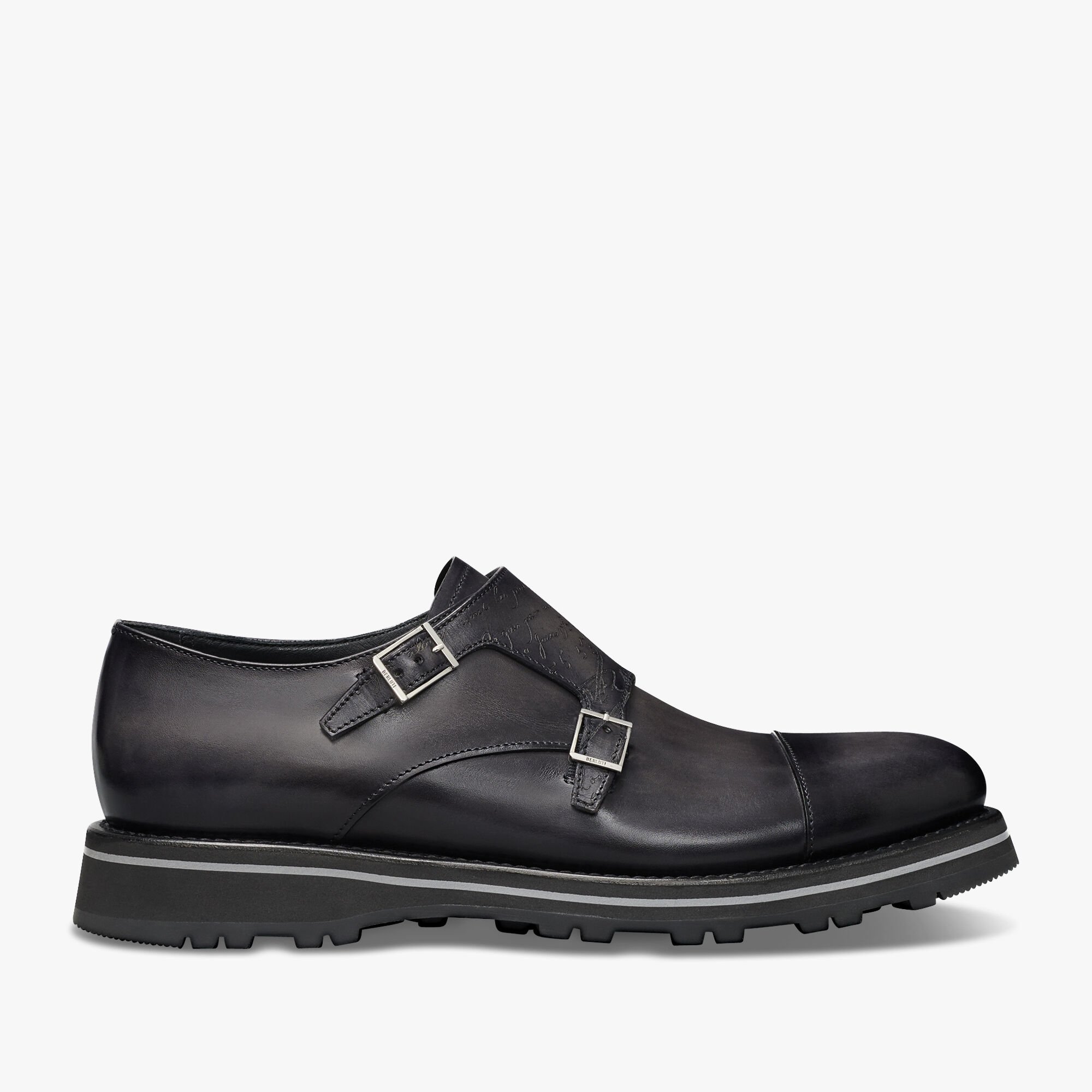 Alessio Padova Scritto Leather Double Monk Shoe, NERO GRIGIO, hi-res 1