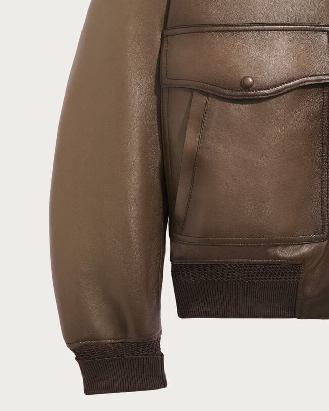 Blouson Aviateur en Cuir Patiné, Deep Sepia, hi-res