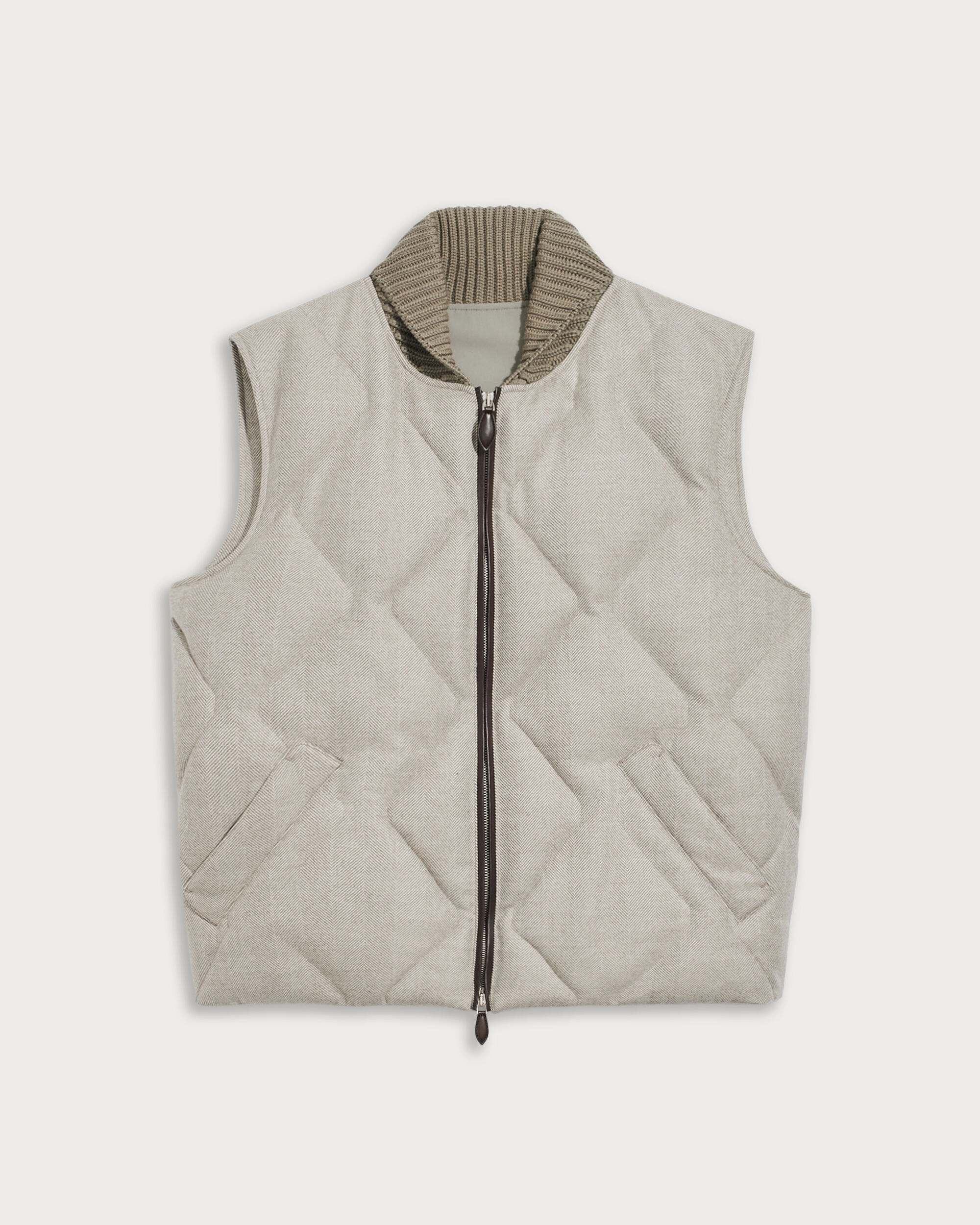 Quilted Down Gilet with Leather Details, Taupe Grey, hi-res
