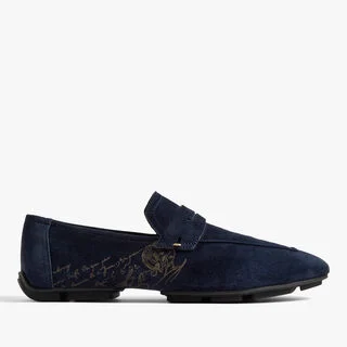 Lorenzo Drive Scritto Camoscio Calf Leather Loafer, NAVY, hi-res