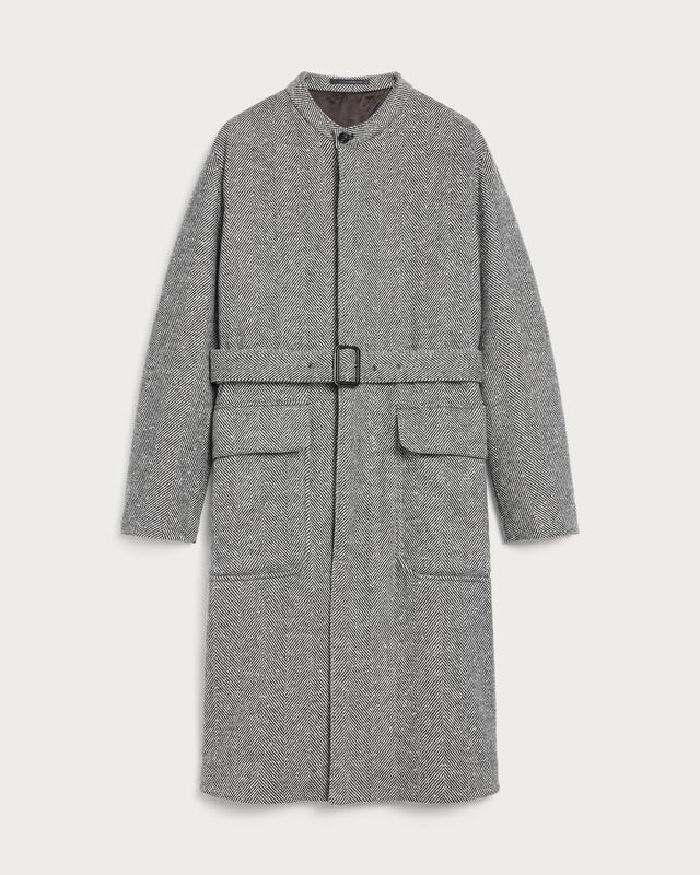 Herringbone Foresti&egrave;re Coat with Leather Details, Grey Melange, hi-res
