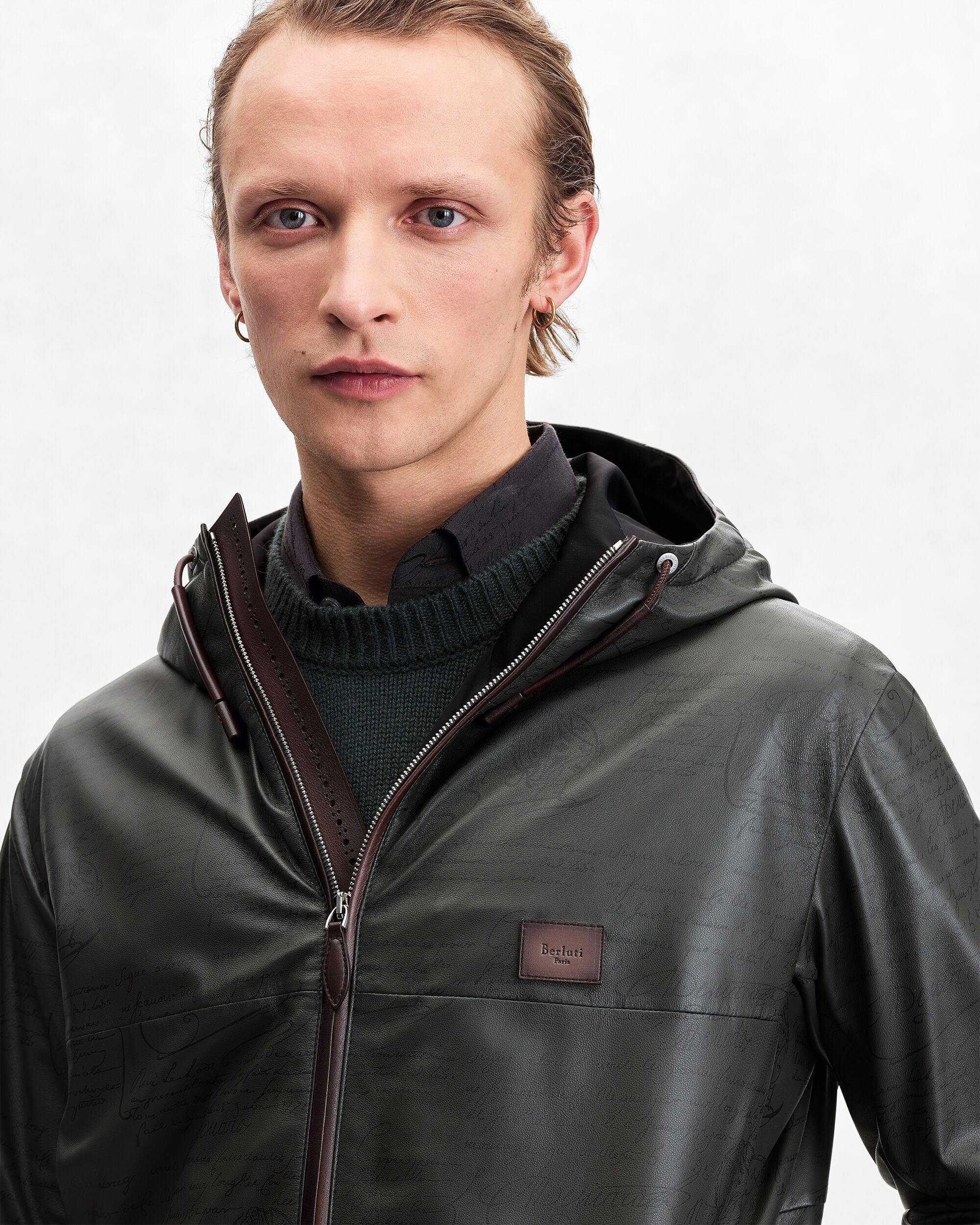 Ultralight Fly Scritto Pattern Leather Hooded Blouson, Graphite, hi-res