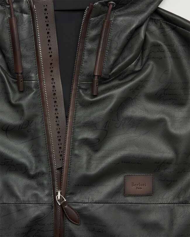 Ultralight Fly Scritto Pattern Leather Hooded Blouson, Graphite, hi-res