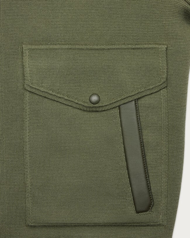 Blouson Aviateur en Maille avec D&eacute;tails en Cuir, Olive, hi-res