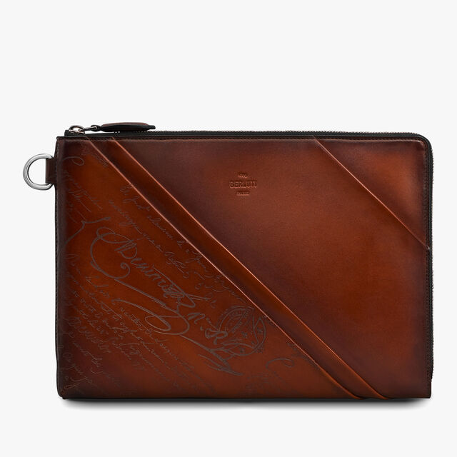 Pochette Nino GM En Cuir Drapé Scritto, CACAO INTENSO, hi-res 1