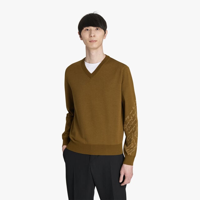 Wool V-Neck Sweater With Placed Scritto, OLIVE, hi-res 2
