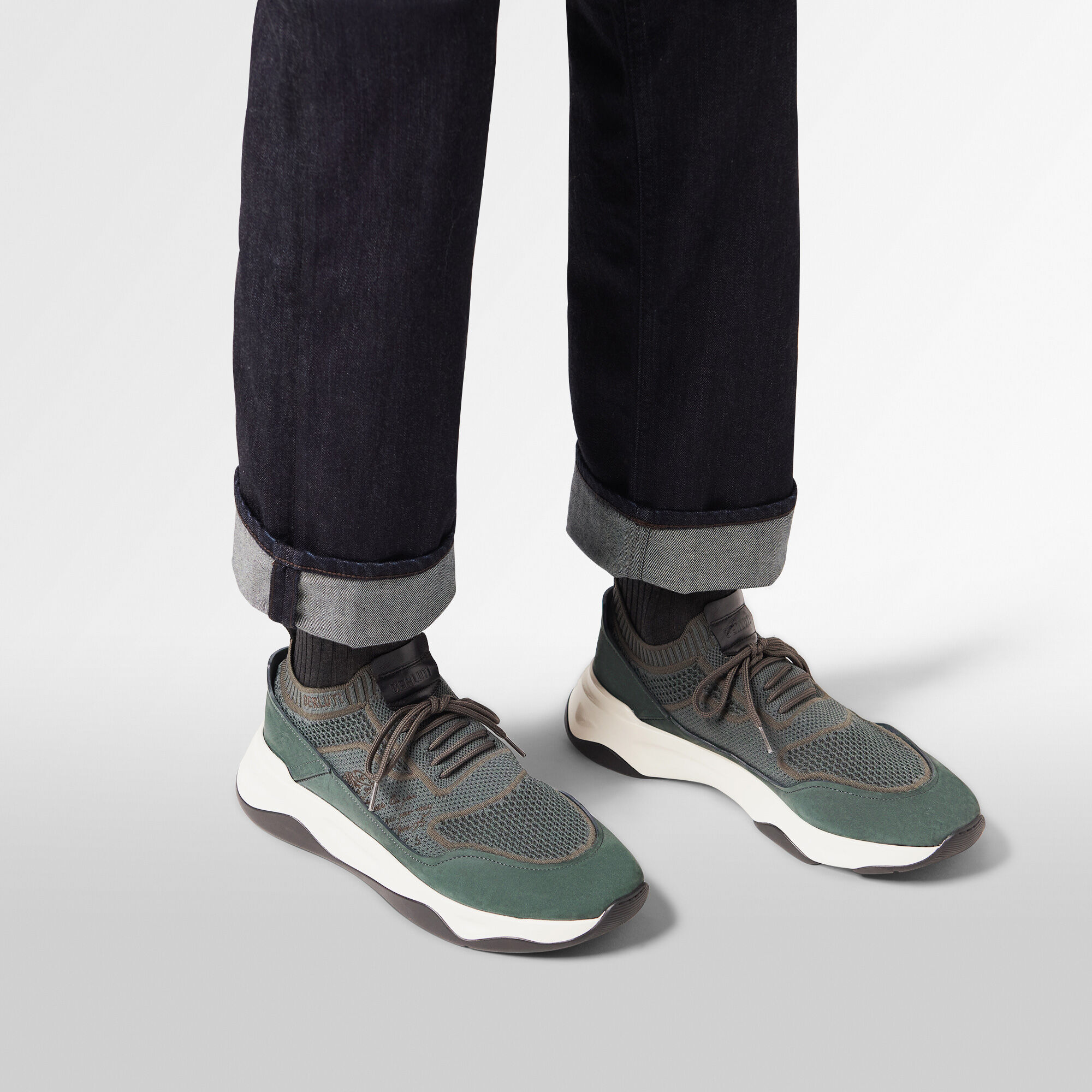 【BERLUTI】シャドースクリット ナイロン＆レザー スニーカー シャドウ スクリット ニット＆ヌバックレザースニーカー