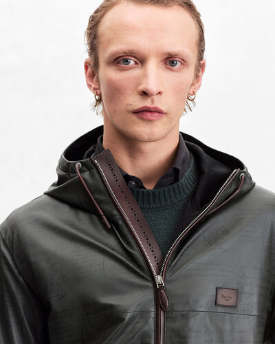 Ultralight Fly Scritto Pattern Leather Hooded Blouson, Graphite, hi-res