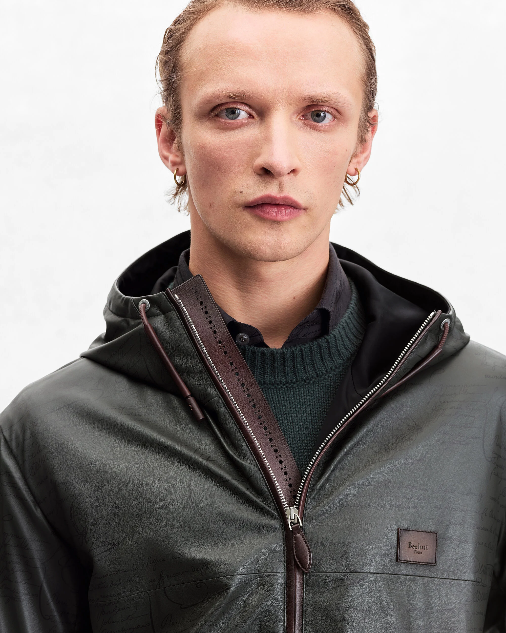 Ultralight Fly Scritto Pattern Leather Hooded Blouson, Graphite, hi-res
