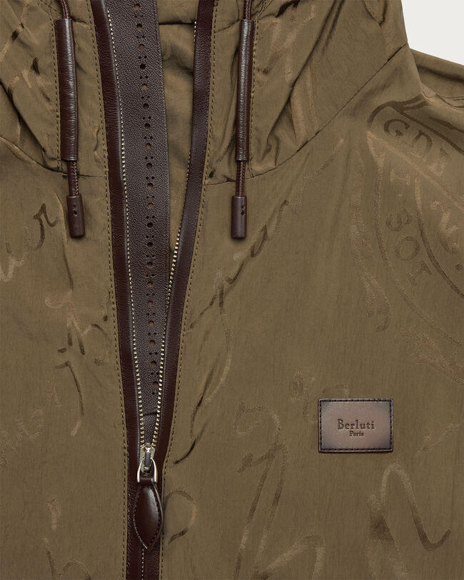 Scritto Pattern Hooded Blouson with Leather Details, Kaki, hi-res