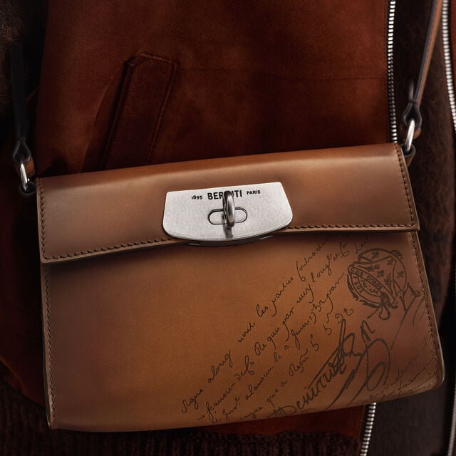 E'Mio Pouch On Strap In Scritto Leather, CACAO INTENSO, hi-res 2