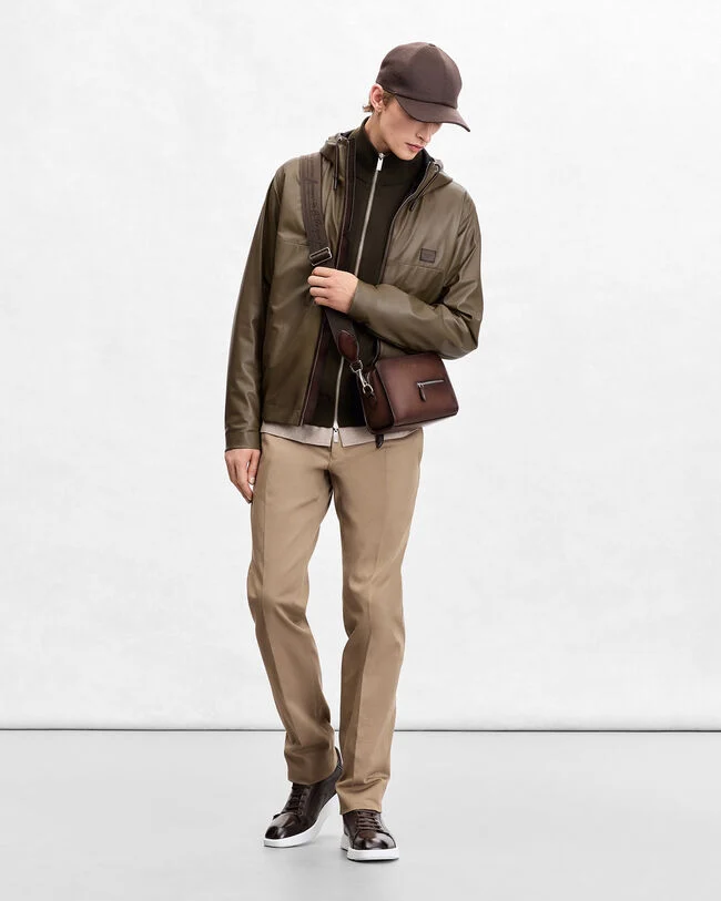Ultralight Fly Leather Hooded Blouson, Kaki, hi-res