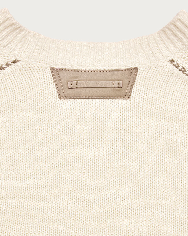 Pull &agrave; Col Rond avec D&eacute;tail Cuir Tress&eacute;, Off White, hi-res