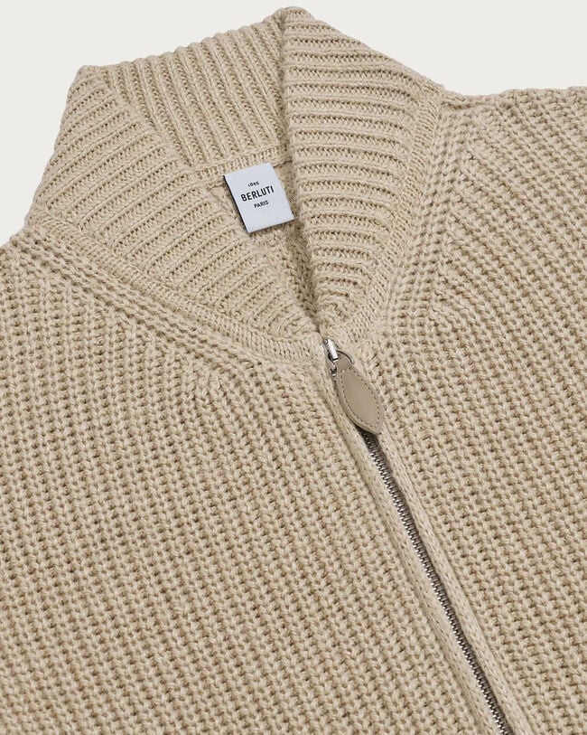 Cardigan Zipp&eacute; avec D&eacute;tails en Cuir, Light Fawn, hi-res