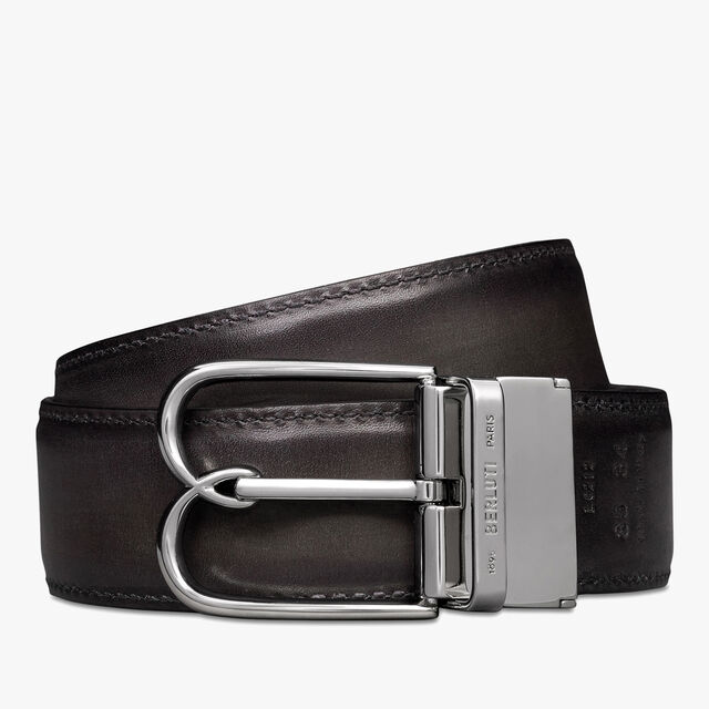 B Volute Scritto Leather 35MM Reversible Belt, CHARCOAL BROWN + LIGHT ALUMINIO, hi-res 3