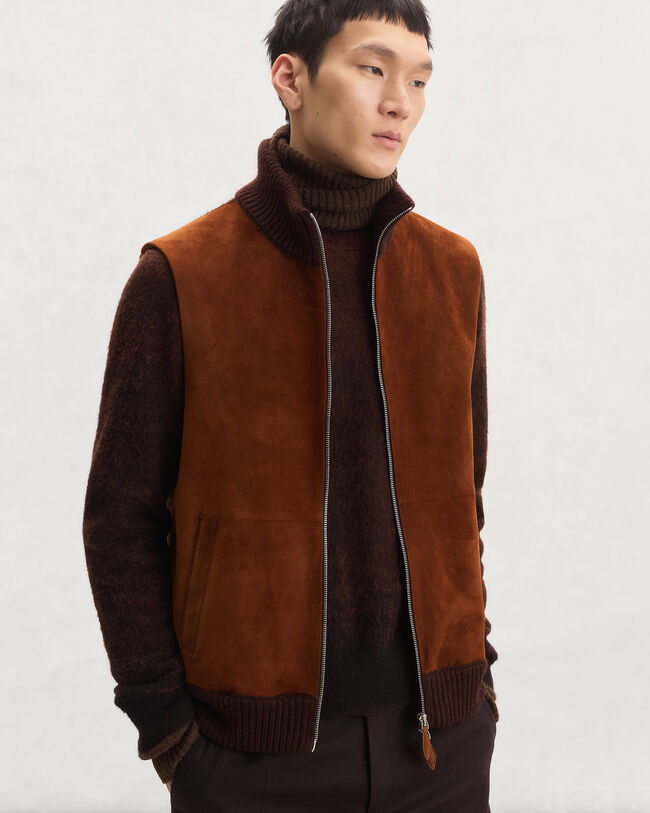 Gilet Mix Mati&egrave;re avec D&eacute;tails en Cuir, Chestnut, hi-res