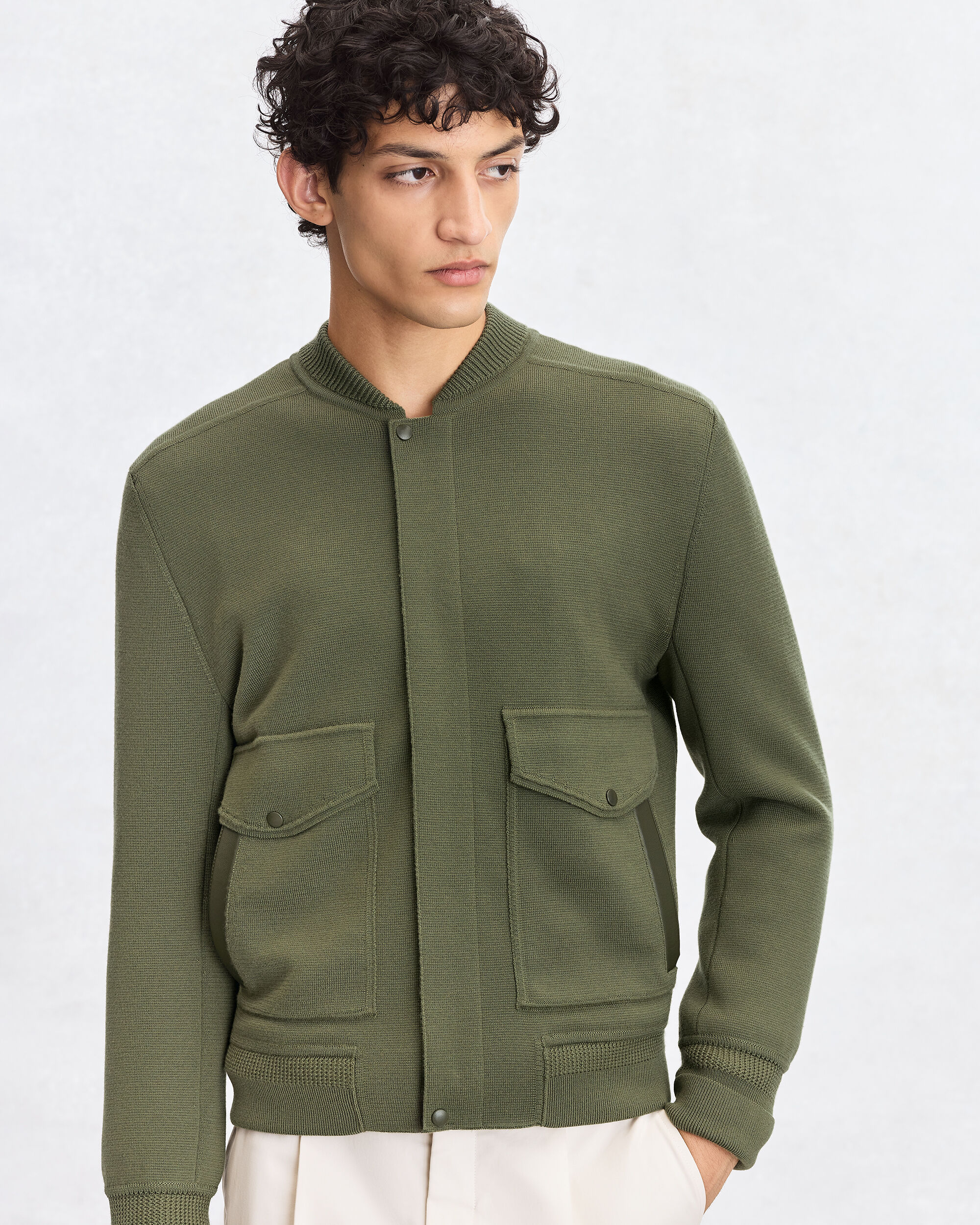 Blouson Aviateur en Maille avec D&eacute;tails en Cuir, Olive, hi-res