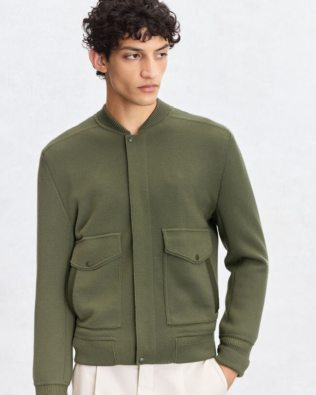 Blouson Aviateur en Maille avec D&eacute;tails en Cuir, Olive, hi-res