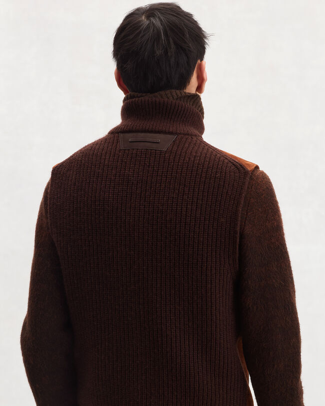 Gilet Mix Mati&egrave;re avec D&eacute;tails en Cuir, Chestnut, hi-res