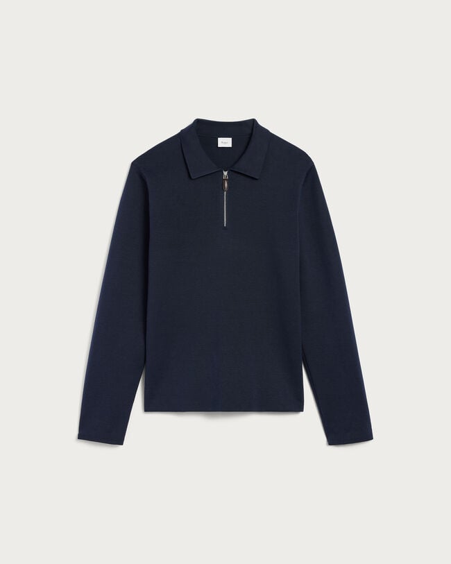 Polo &agrave; Manches Longues avec Tirette de zip en Cuir, Cold Night Blue, hi-res