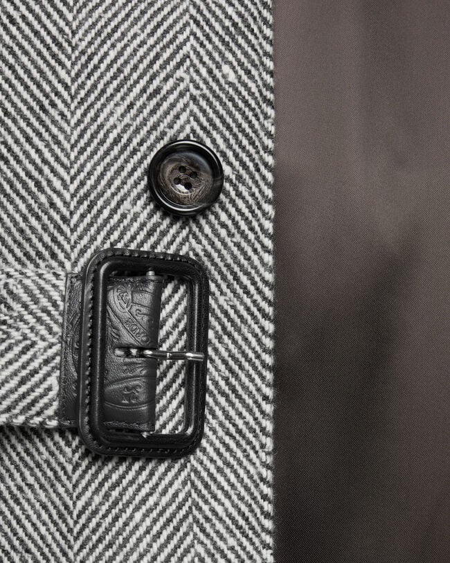 Herringbone Foresti&egrave;re Coat with Leather Details, Grey Melange, hi-res