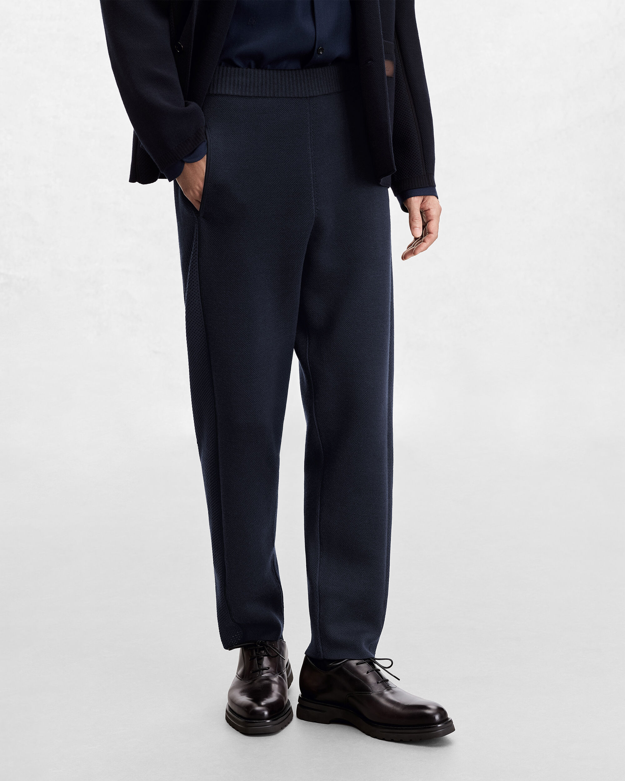 Shadow Pants with Leather Details, Navy, hi-res