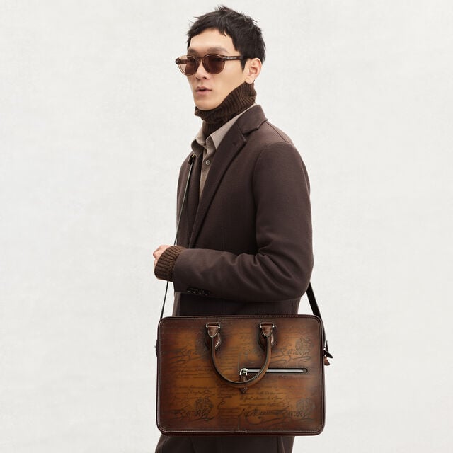 Un Jour Mini Scritto Leather Briefcase, CACAO INTENSO, hi-res 2