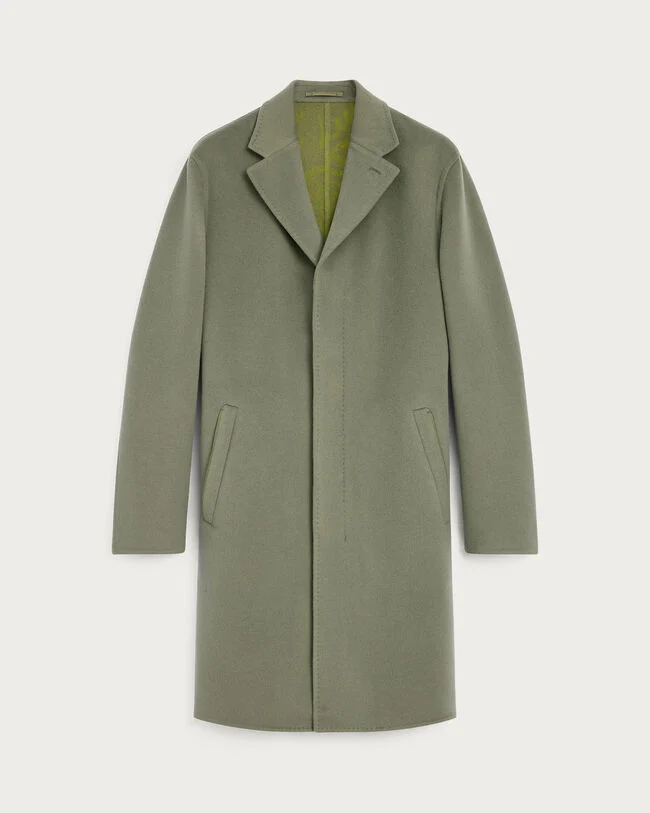 Double Face Coat with Leather Details, Kaki & Internal Giant Scritto, hi-res