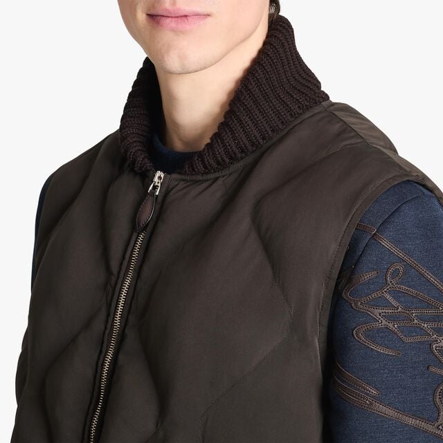Quilted Nylon Down Gilet With Knit Collar, EARTH BROWN, hi-res 5