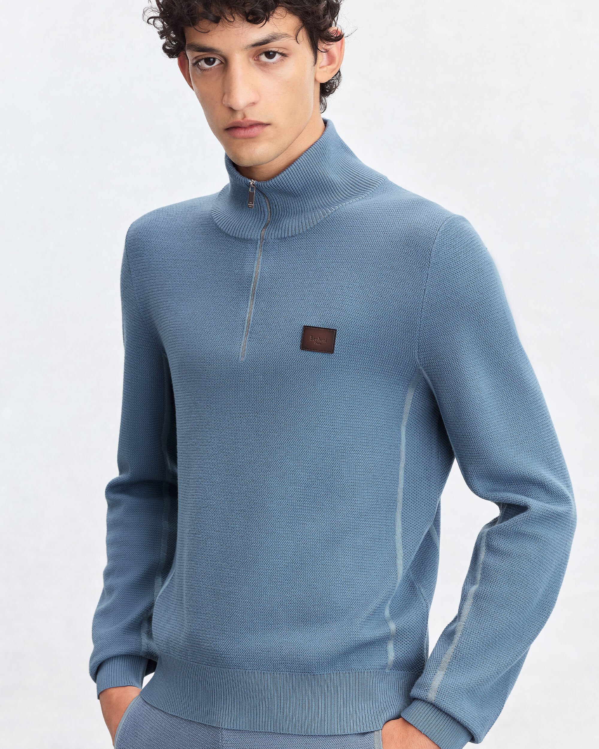 Shadow Half-Zip with Leather Details, Dark Woad, hi-res