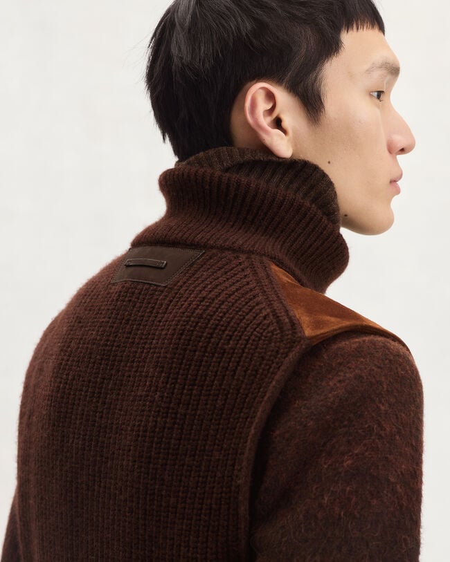 Gilet Mix Mati&egrave;re avec D&eacute;tails en Cuir, Chestnut, hi-res