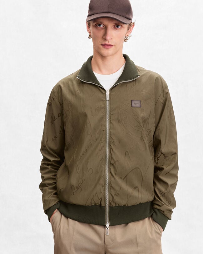 Reversible Scritto Pattern Blouson with Leather Detail, Kaki, hi-res