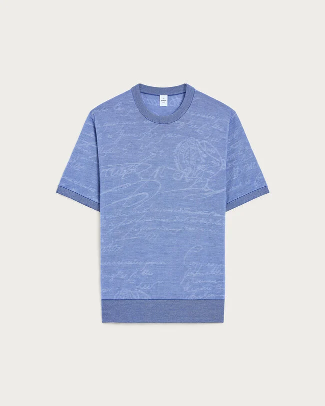 Light Scritto Pattern Short-Sleeves Crewneck, Helvetia Blue, hi-res
