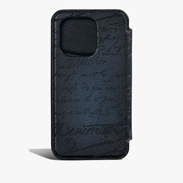Étui iPhone 16 Pro Folio En Cuir Scritto, INDIGO DENIM, hi-res 2