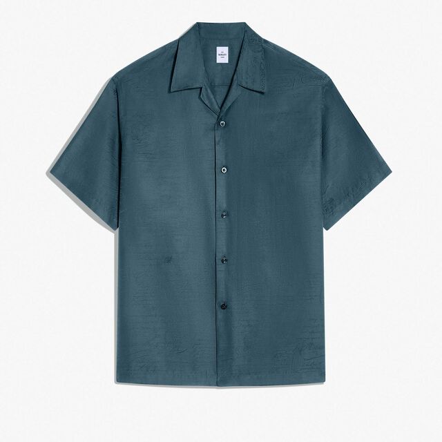 Cotton Silk Scritto Short Sleeves Shirt, NERO BLUE, hi-res 1