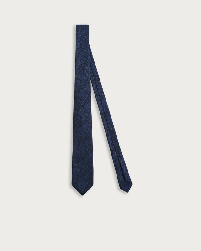 Herringbone Scritto Pattern Tie, Cold Night Blue, hi-res