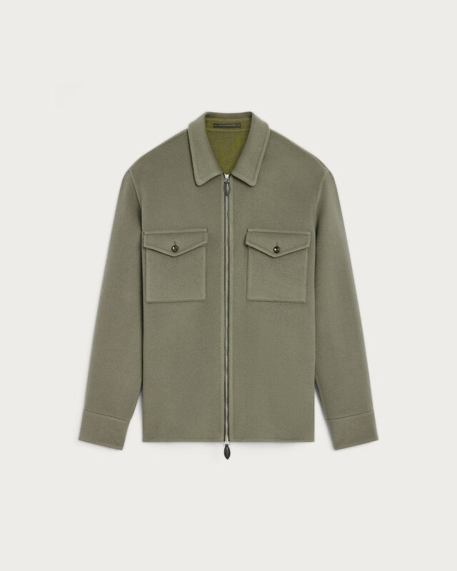 Double Face Zipped Overshirt with Leather Detail, Kaki & Internal Giant Scritto, hi-res
