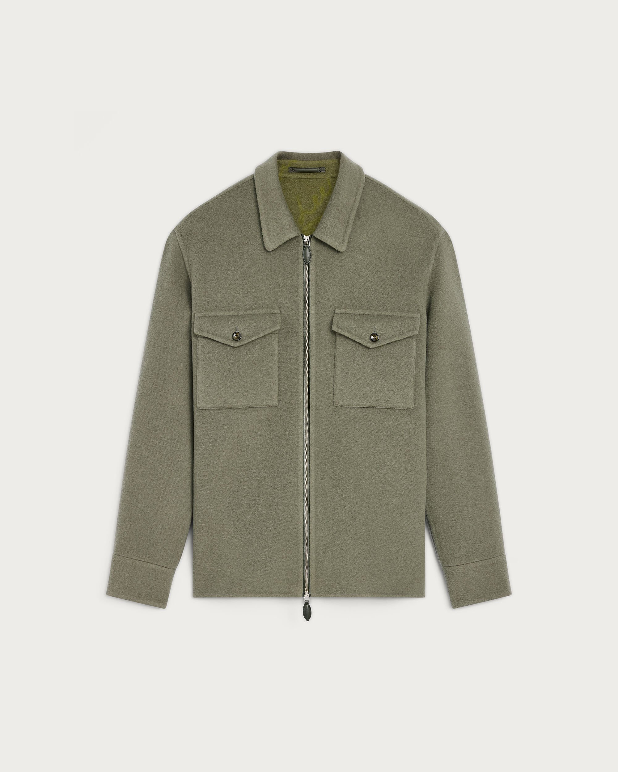 Double Face Zipped Overshirt with Leather Detail, Kaki & Internal Giant Scritto, hi-res