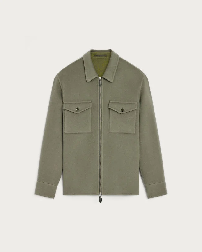 Double Face Zipped Overshirt with Leather Detail, Kaki & Internal Giant Scritto, hi-res
