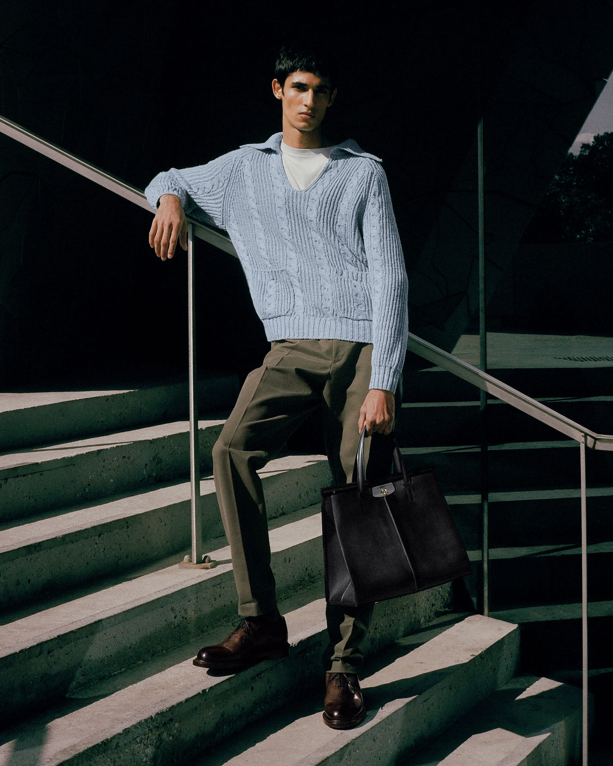 Cable Knit Vareuse with Leather Details, Periwinkle Blue, hi-res