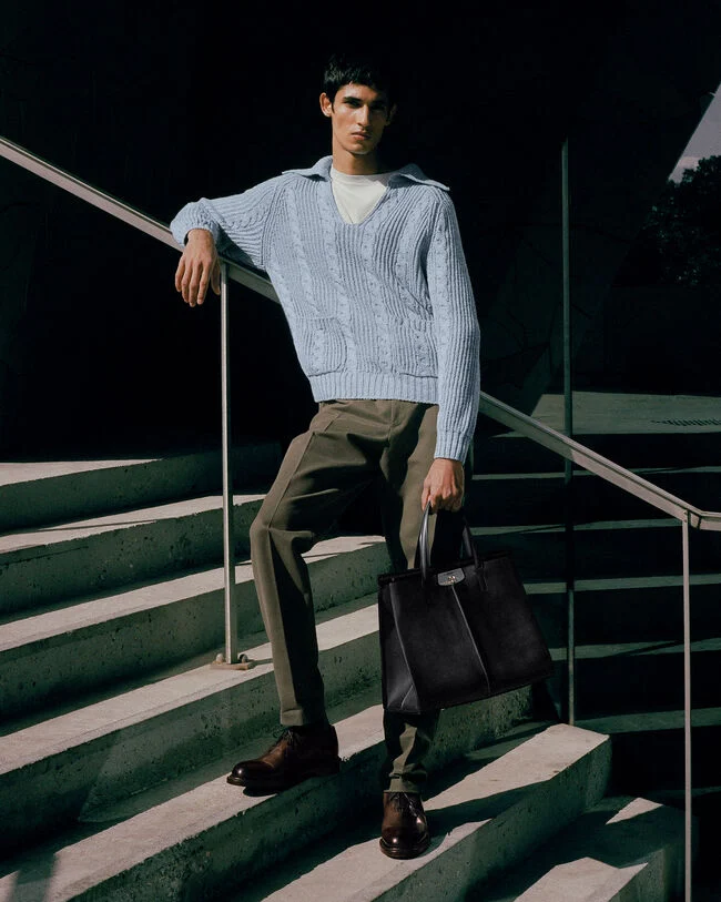 Cable Knit Vareuse with Leather Details, Periwinkle Blue, hi-res