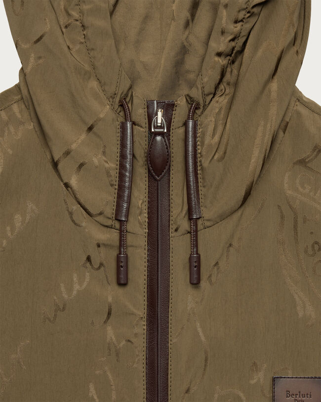 Scritto Pattern Hooded Blouson with Leather Details, Kaki, hi-res
