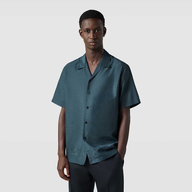 Cotton Silk Scritto Short Sleeves Shirt, NERO BLUE, hi-res 3