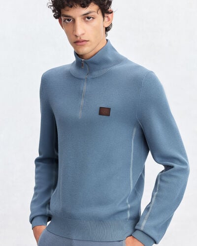 Pull &agrave; Col Zipp&eacute; Shadow avec D&eacute;tail en Cuir, Dark Woad, hi-res