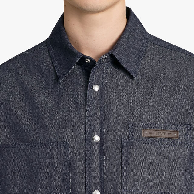 Cotton And Cashmere Denim Overshirt With Leather Details, DARK BLUE DENIM, hi-res 5