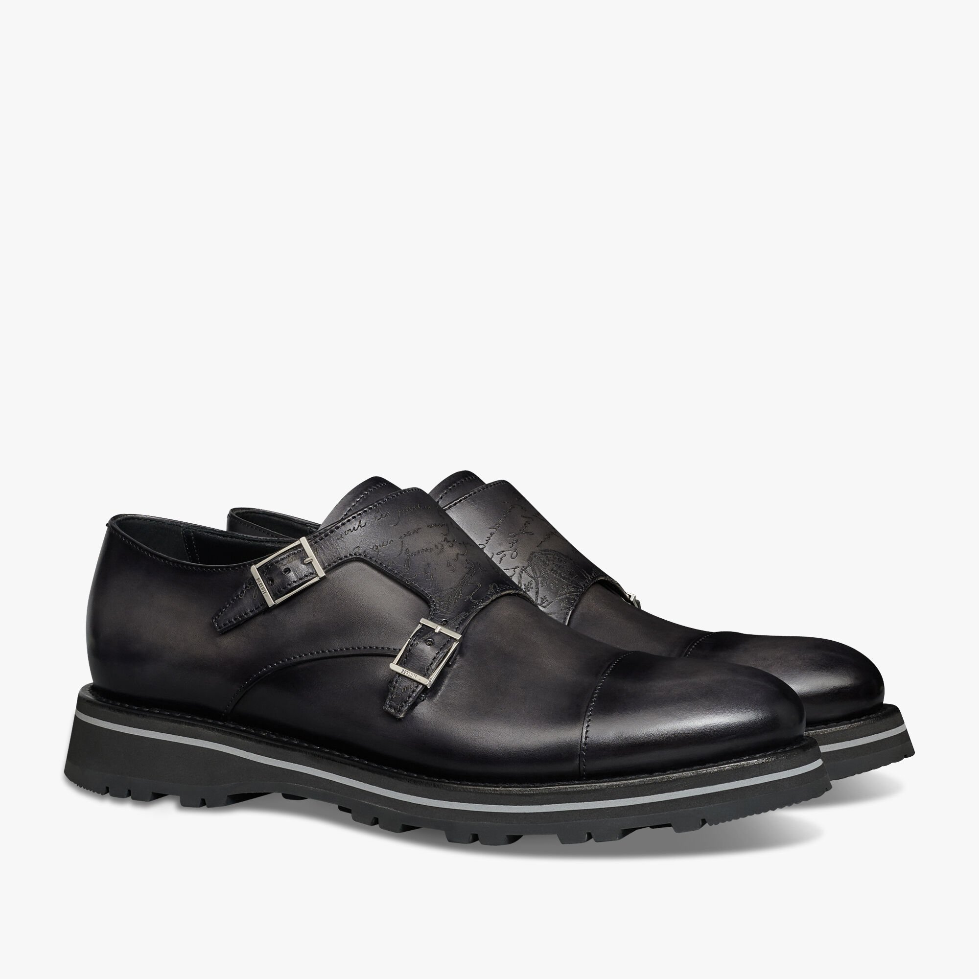 Alessio Padova Scritto Leather Double Monk Shoe, NERO GRIGIO, hi-res 2